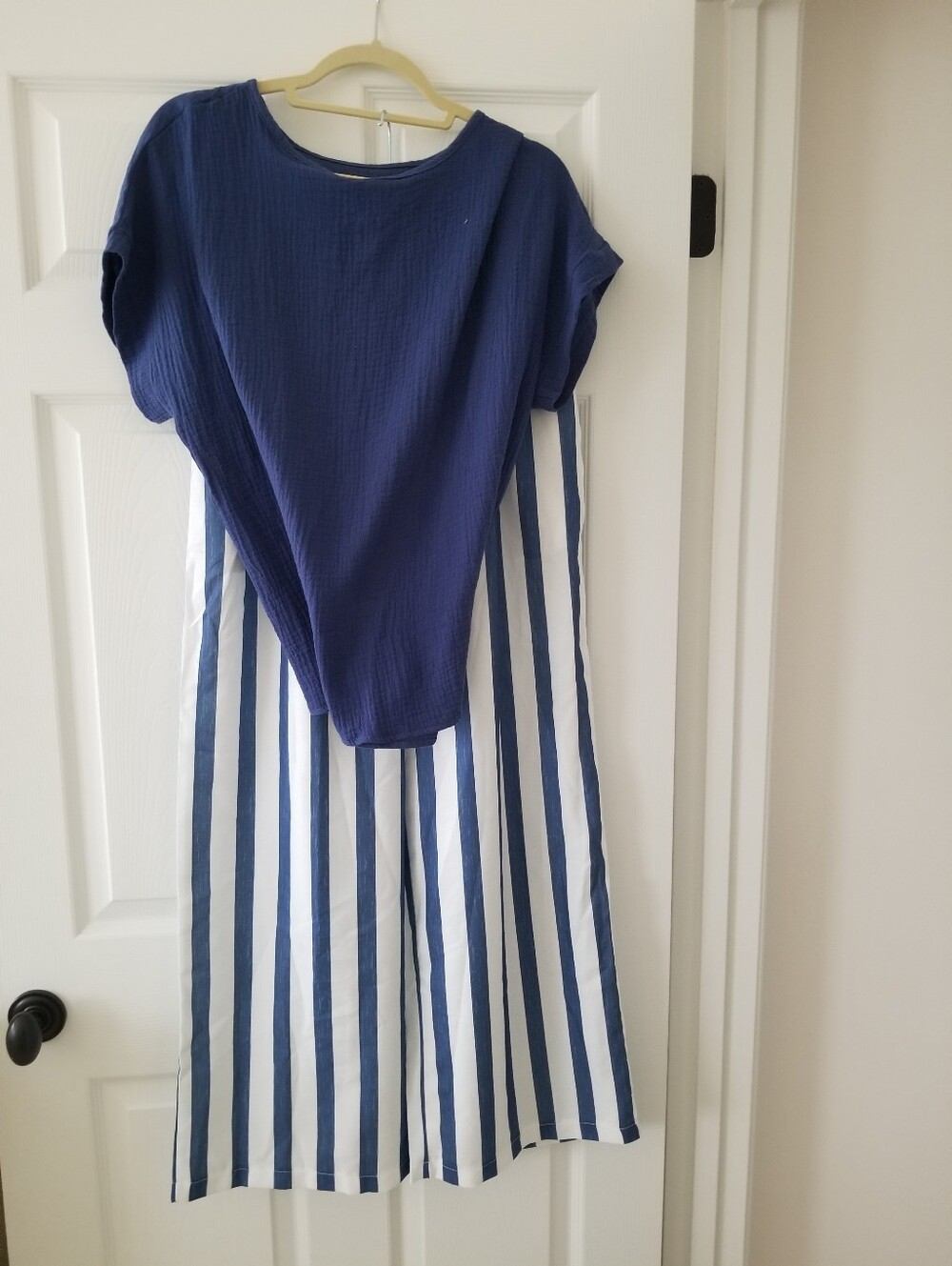 Navy Top with Blue and White Striped Pants